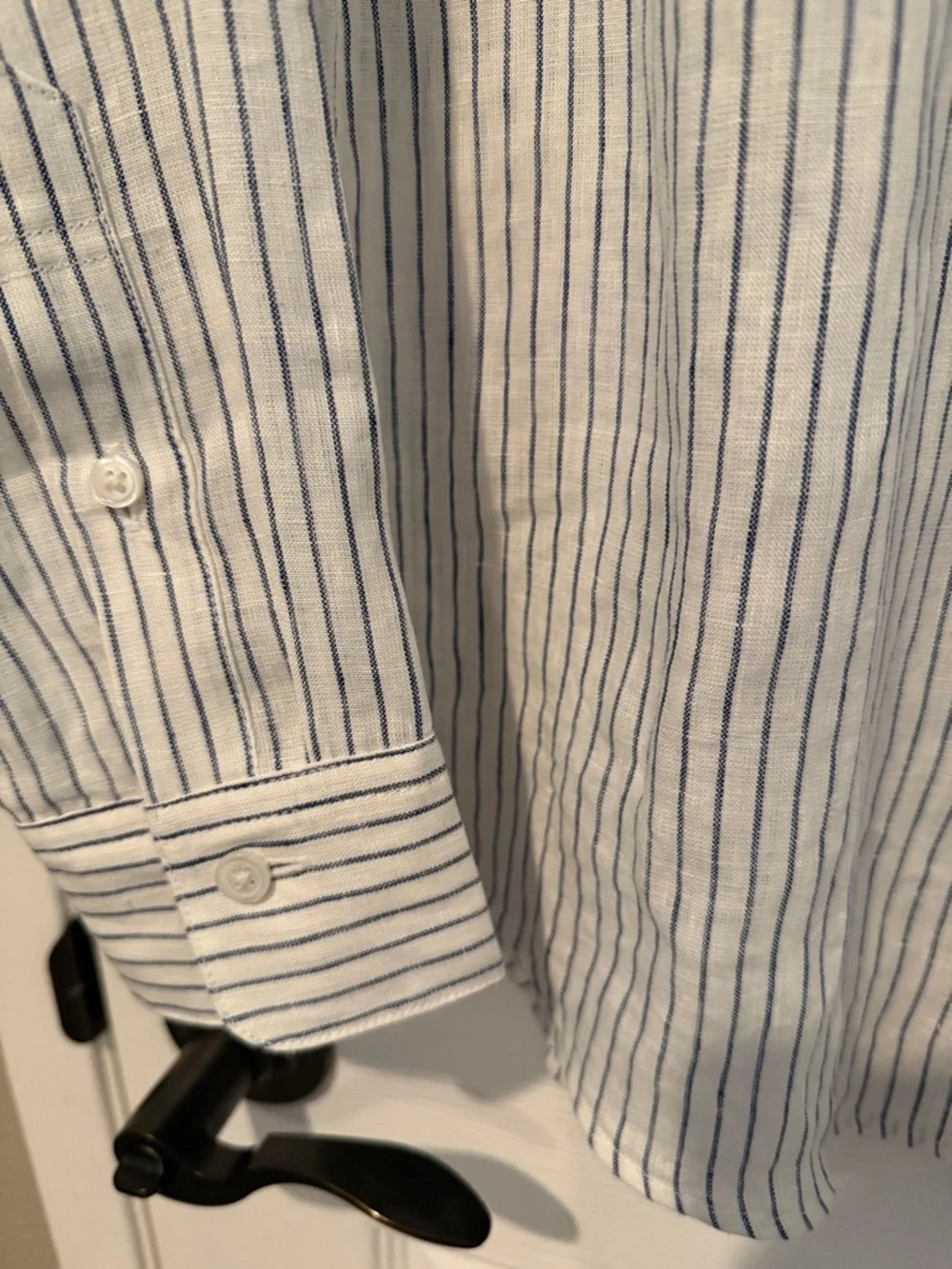 Muji Women’s linen White Button-Up Shirt with Navy Stripes - Casual & Timeless - Picture 4 of 6